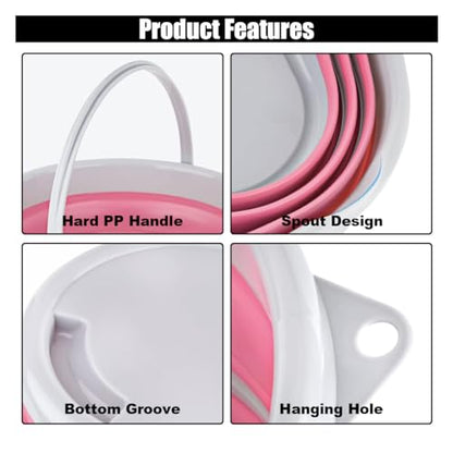 GLSOWEE Car Collapsible Bucket, 10L 2.6 Gallon Folding Bucket Auto Cleaning Plastic Water Bucket, Foldable Portable Bucket Space Saving for Indoor Outdoor Car Wash Garden Camping (Pink)