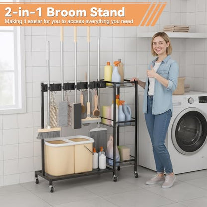 Cleaning Cart on Wheels,Broom Holder with Cleaning Supplies Organizer,10 Grippers, 4 Double-sided Hooks, 3-tier Shelves Broom and Mop Utility Carts for Laundry, Garage, Tool Room Black