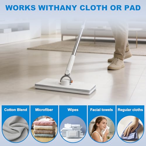 Hands Free Flat Mop One Click, 51" Long Handle Zero Touch Disposable Dust Mop Compatible with Swiffer Wet/Dry Pads Click Cloth Change Wet/Dry Pads, Dust Mopping for Hardwood, Tile, Floor