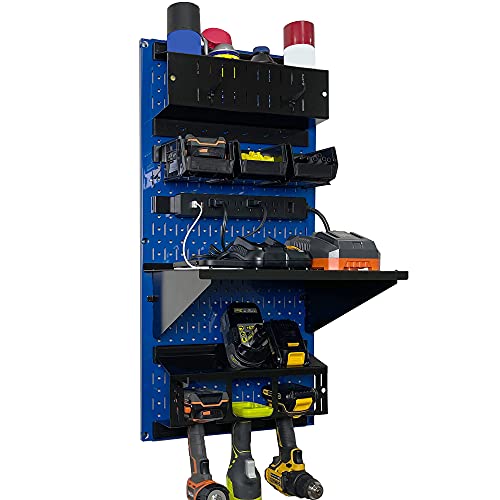 Wall Control Power Tool Storage Organizer Kit Cordless Drill Holder Charging Station Rack 16” x 32” Metal Pegboard Organization System (Blue Pegboard) - color: Blue Pegboard