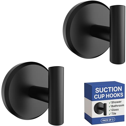HOME SO Suction Cup Hooks for Shower & Bathroom Towel Holder 2-Pack – Suction Cups Hooks for Hanging Towels, Robes, & Coats - Tiles, Glass Door or Mirror – Shower Hooks & Towel Hooks - Black T-Shape - style: Matte Black