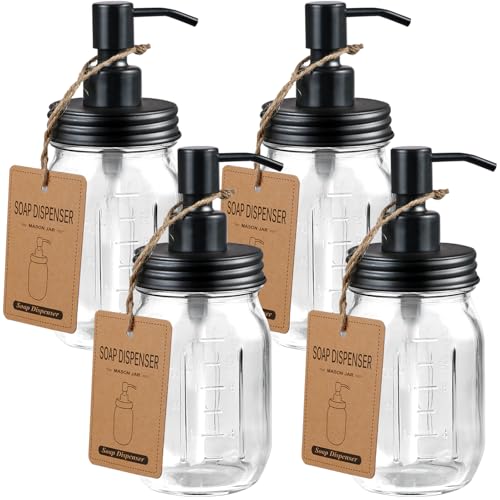 Amolliar 4 Pack Mason Jar Liquid Soap Dispensers, Rustproof Stainless Steel Lid Pump, Waterproof Sticker, Refillable Hand Soap for Bathroom, Kitchen, Dish Soap, Lotion Soap, Farmhouse Decor(Black) - color: Black, size: 4 Pack