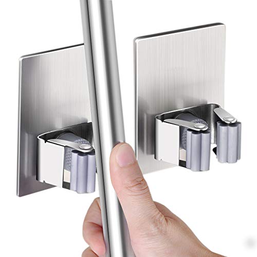 HANZE 2 Pack Stainless Steel Mop Broom Holder Organizer, Self Adhesive Wall Mounted Mop Organizer Storage Rack Clip for Kitchen Bathroom and Garage (Rectangle, Large)