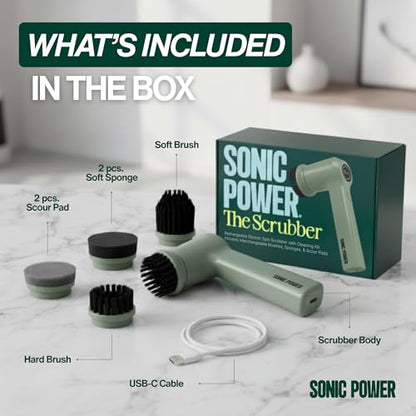 SonicPower Electric Spin Scrubber – Handheld & Ergonomic, IPX7 Waterproof, 4 Multi-Purpose Brush Heads, Long-Lasting Rechargeable Battery – Cleans Dishes, Bathroom, Tile, Grout & Kitchen (Sage) - color: Sage