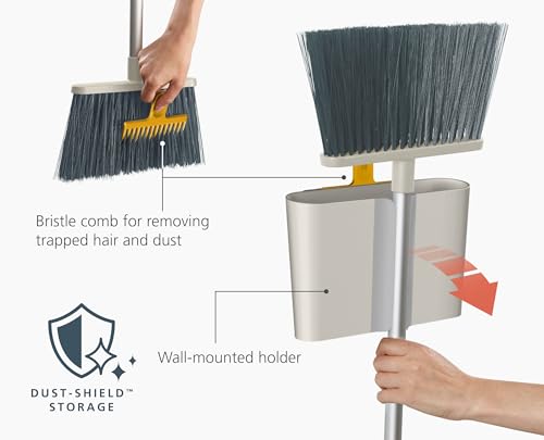 Joseph Joseph CleanTech Wall-Mounted, Adjustable Long Handle Broom Sweeper with Dust-Shield Storage, Indoor Sweeping Floor Brush with Soft Bristles
