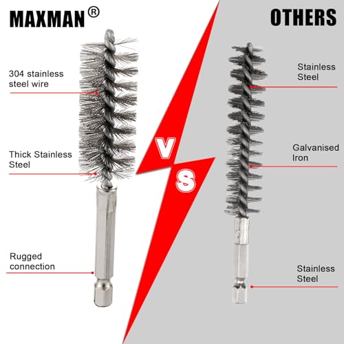 MAXMAN Stainless Steel Bore Brush, 8pcs Wire Brush for Drill, Durable Metal Bristles Twisted, 8 Size Set Multiple Diameter Options, 1/4 Inch Hex Shank, for Power Drill Impact Driver & Tube Cleaning