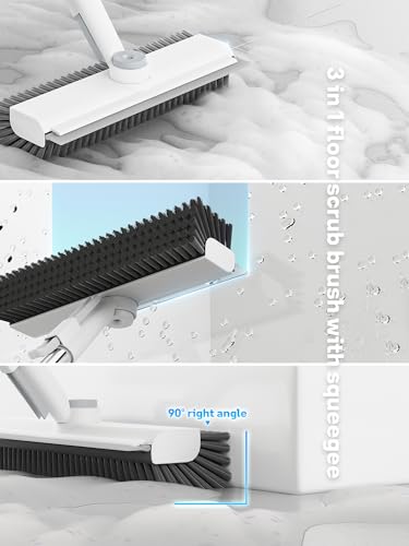 Floor Scrub Brush with Long Handle, 3 in 1 Scrape and Heavy-Duty Stiff Bristle Floor Scrubber Brush with Squeegee and Tweezer for Cleaning Tile Wall Deck Bathroom Patio Garage Kitchen (White) - color: White