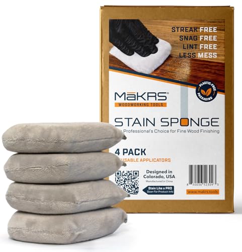MāKRS Stain Sponge, 4-Pack Staining Pads, Lint, Snag and Streak-Free Applicator Sponges, Micro-Brush Material Over Foam Core, for Wood Stains and All Finishes, Easy to Use with Consistent Application - size: Pack of 4