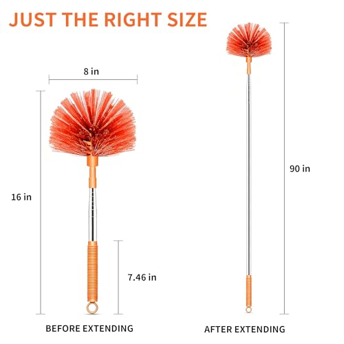 Cobweb Duster with Extension Pole, Upgraded Heavy Duty Thickened Stainless Steel Telescopic Handle for High Ceilings & Ceiling Fans, 90" Total Reach (15.7" Compact), Medium Stiff Bristles (Orange) - color: Orange