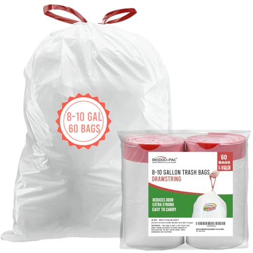 BEIDOU-PAC Trash Bags 8-10 Gallon Drawstring, 60 Count Garbage Bags, Large Kitchen Trash Bags, Odorless & Heavy Duty White Plastic Food Scrap Bags for Bathroom Bedroom Office Waste - style: 8-10 Gallon |60 Count