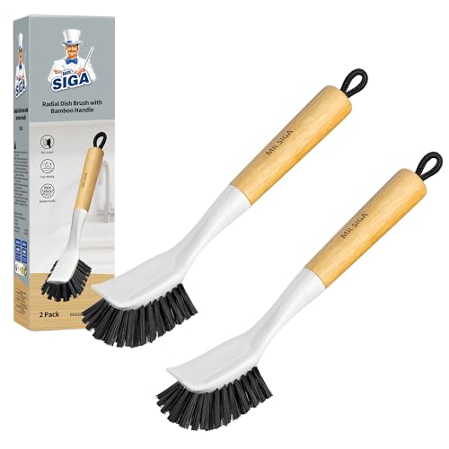 MR.SIGA Dish Brush with Handle, Dish Scrub Brush, Bamboo Dish Brush, Safe on Nonstick Pots, Pans, 2 Pack