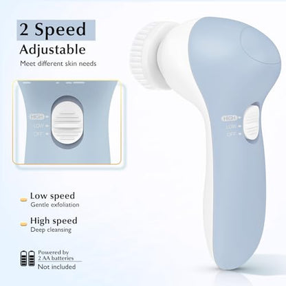 COSLUS Facial Cleansing Brush Silicone Face Scrubber: 2 in1 FBS-D Electric Exfoliating Massage Device Waterproof Deep Cleaning Exfoliation Rotating Spa Machine - Electronic Skin Care Wash Clean System - color: Blue, size: With 2 brush heads