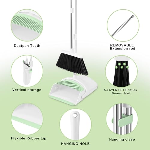 Broom with Dustpan Combo Set for Home, 52-in Long Adjustable Handle Angle Broom and Dustpan Set with Dustpan Comb Teeth for Sweeping Pet Hair Food Dirt Kitchen (White-Green) - color: White-green