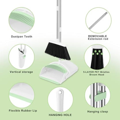Broom with Dustpan Combo Set for Home, 52-in Long Adjustable Handle Angle Broom and Dustpan Set with Dustpan Comb Teeth for Sweeping Pet Hair Food Dirt Kitchen (White-Green) - color: White-green