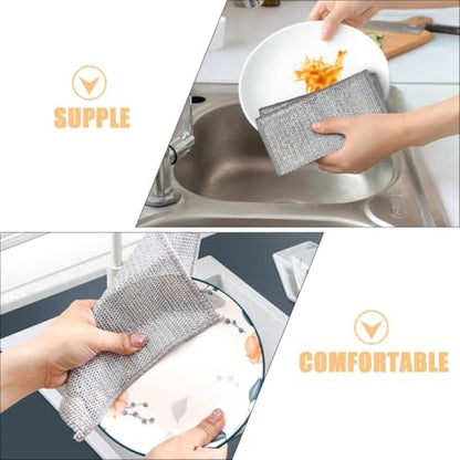 INOOMP 10pcs Reusable Wire Mesh Dishwashing Rags Scrub Pads Silver Double-Layer Kitchen Cleaning Cloths for Non-Scratch Dish and Bowl Washing