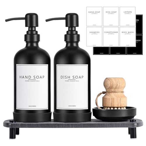 Kitchen Soap Dispenser Set with Instant Dry Tray,16 Oz Hand and Dish Soap Black Glass Dispenser Set,Stainless Steel Pump,Waterproof Labels&Dish Brush,Luxury Soap Bottle for Kitchen,Bathroom - color: Black Bottle+black Pump