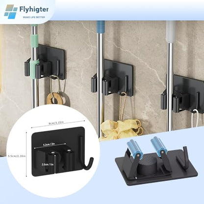 5 Pack Heavy Duty Mop and Broom Holder Wall Mount, No Drill Self Adhesive Stainless Steel Hanger with Hooks, Anti-Slip Tool Organizer for Bathroom, Kitchen, Garage, Laundry Room (5, Black) - color: Black-5