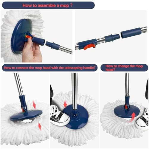 Spin Mop and Bucket with Wringer Set, 360° Rotating Microfiber Mop, Adjustable Handle, Hands-Free Wringing, Reusable Mop Heads (Red mop and Bucket + 5 mop Head) - color: Red Mop and Bucket + 5 Mop Head