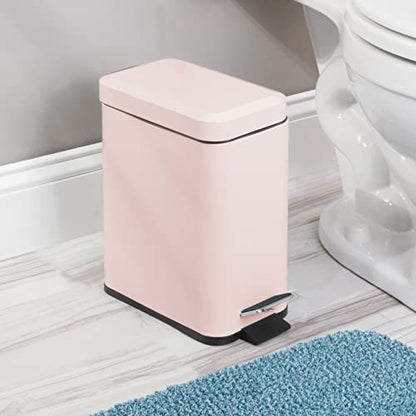 mDesign Small Modern 1.3 Gallon Rectangle Metal Lidded Step Trash Can, Compact Garbage Bin with Removable Liner Bucket and Handle for Bathroom, Kitchen, Craft Room, Office, Garage - Light Pink - color: Light Pink, size: 1.3 Gallon