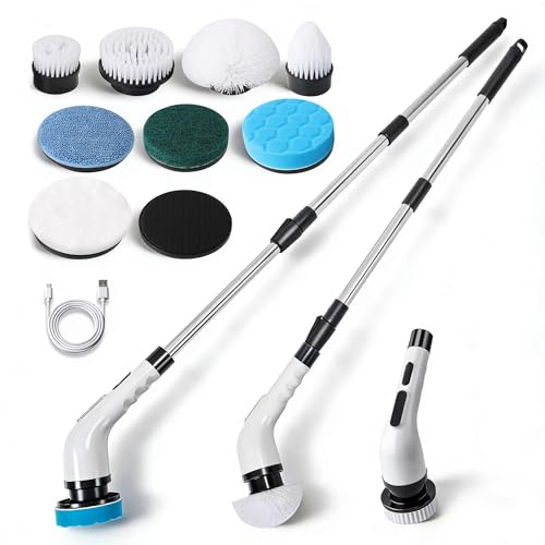 Anfrere Electric Spin Scrubber, Cordless Cleaning Brush with 8 Replaceable Heads, 3 Adjustable Speeds, Extendable Telescopic Handle, Type-C Fast Charging for Bathroom, Shower, Tub, Tile, Car & Glass