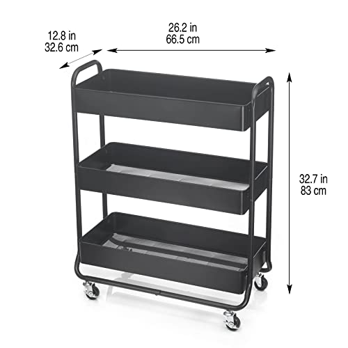 Simply Tidy Hudson Black 3-Tier Metal Rolling Cart - Multi-Functional Storage Cart for Home, Office, and Kitchen - 1 Pack