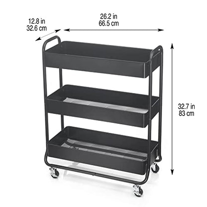 Simply Tidy Hudson Black 3-Tier Metal Rolling Cart - Multi-Functional Storage Cart for Home, Office, and Kitchen - 1 Pack