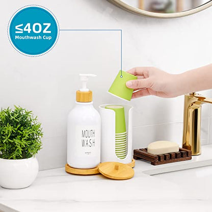 VITVITI Mouthwash Dispenser for Bathroom, Mouth Wash Pump Bottle with Paper Cup Holder, 17Oz Refillable White Mouthwash Container with Bamboo Lid/Tray/Label - color: White