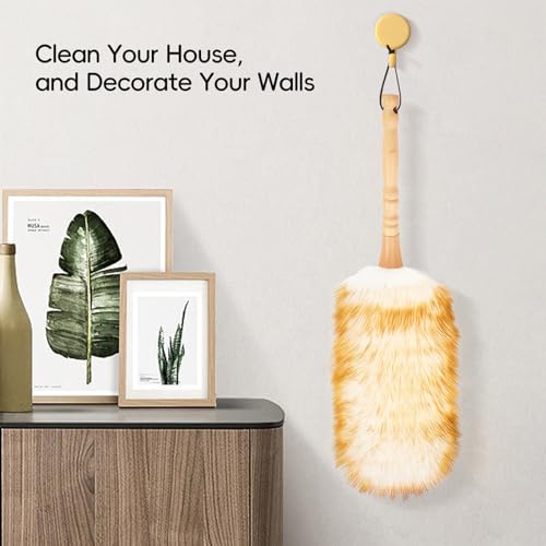 Lambswool Duster with Solid Wooden Handle,Leather Hang Strap,Comfortable Grips 19.6 inch Long Natural Feathers Dusters for Cleaning Wall Plant Desk Blind Cleaner Duster Tool - size: 19.6inch