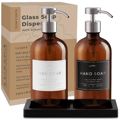 Glass Soap Dispenser Set of 2 (Amber) with Silicone Tray | Hand and Dish Soap Dispenser for Kitchen and Bathroom | 16.8 Oz Glass Bottles with Stainless Steel Pump & 15 Waterproof Labels (Amber/Silver) - color: Amber/Silver