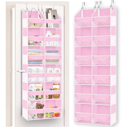 Over The Door Organizer 6 Tiers, Extra Large Behind Door Storage of 12 Compartments, 80 lbs Weight Capacity Hanging Storage Organizer with Clear Window Kids Toys,Shoes,Diapers,Room Storage,Pink - color: Pink - 6 Tiers