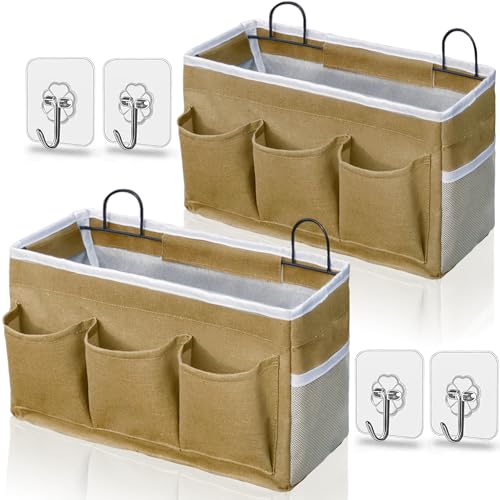 Kanrichu 2pcs 3-pockets Large Wall Hanging Organizer Bag, Linen Fabric Door Hanging Storage Baskets with Pockets, Waterproof Bin for Kitchen, Bedroom, Office, RV Camper (Khaki-2pcs) - color: Khaki-2pcs