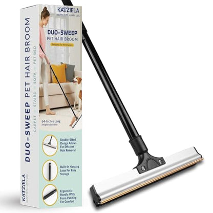 Katziela DuoSweep Broom – Dual-Sided Pet Hair Remover with Metal & Rubber Blade – Multi-Surface Cleaner for Carpet, Hardwood & Tile – Includes Water Control Squeegee Attachment