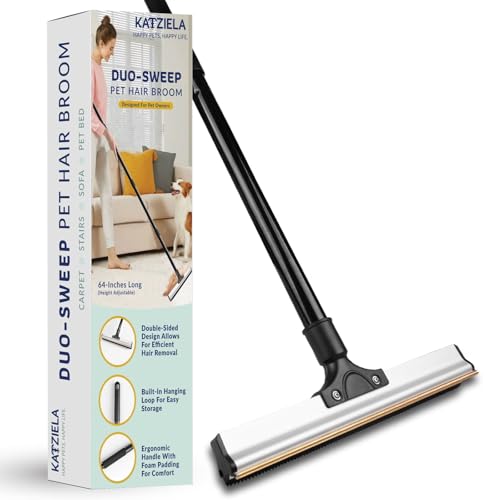 Katziela DuoSweep Broom – Dual-Sided Pet Hair Remover with Metal & Rubber Blade – Multi-Surface Cleaner for Carpet, Hardwood & Tile – Includes Water Control Squeegee Attachment