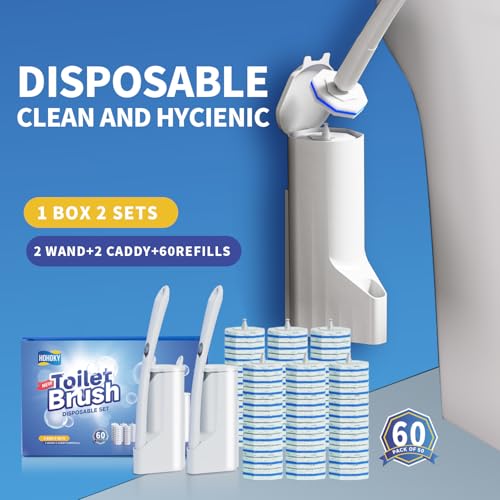 Hohoky Disposable Toilet Brush Cleaning System, Two Sets of Wands and 60p Refills Pads Replacement Heads, Wall Mounted Toliet Stick Wand Starter Kit Bathroom Maintenance, Toilet Bowl Cleaner Holder