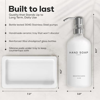 White Glass Soap and Lotion Dispenser Set by Brighter Barns - Bathroom Soap Dispenser Set Tray - Liquid Hand Soap Dispenser Pump - Modern Bathroom Accessories for Guest, Hotel, Spa, Restaurant (White) - color: Silver Sl