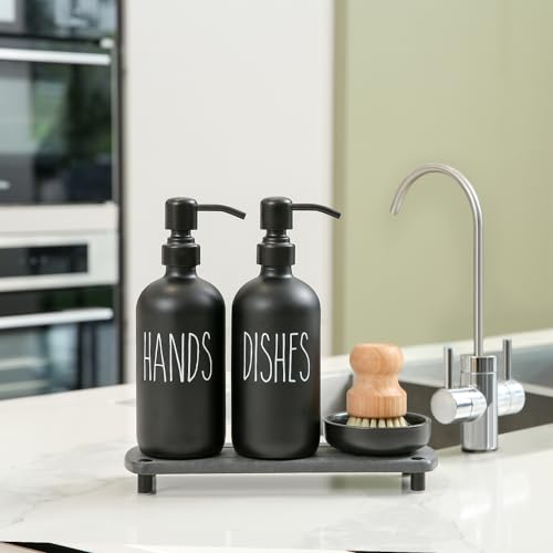 MOMEEMO Matte Black Soap Dispenser Set Comes with Stainless Steel Pumps, Instant Dry Tray, and Dish Scrub Brush, Suitable for Matte Black Kitchen Accessories. (Black) - color: Black1