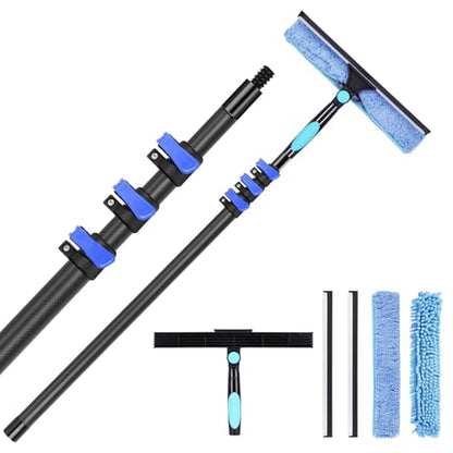 DOBEN 12-Foot Carbon Fiber Window Cleaner Tool with Telescopic Extension Pole, Rotating Scrubber & Squeegee - Sturdy Lightweight Design for Indoor/Outdoor Glass Cleaning - size: 12FT