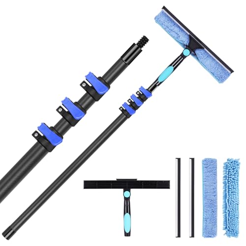 DOBEN 12-Foot Carbon Fiber Window Cleaner Tool with Telescopic Extension Pole, Rotating Scrubber & Squeegee - Sturdy Lightweight Design for Indoor/Outdoor Glass Cleaning - size: 12FT