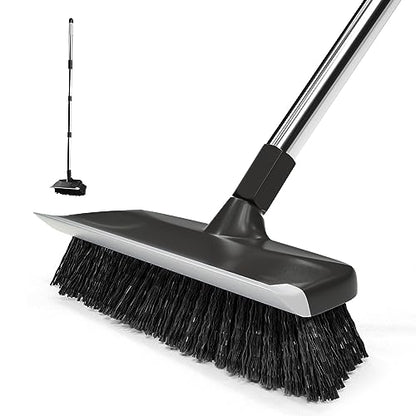 ITTAR Floor Scrub Brush with 55" Long Handle, 10" Wide Stiff Bristles Deck Brush, Stainsless Steel Pole Heavy-Duty Cleaning Brush, 2-in-1 Scrubber with Ruber Squeegee for Deck, Patio, Pool, Tile, Wall