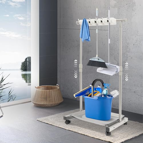 Broom mop Holder, Movable Put Wet Mops Floor Standing Cleaning Tool Rack, Stainless Steel Cleaning Supplies Organizer for Schools Hospitals Factories Hotels Restaurant, 6 Hook and 5 Slots