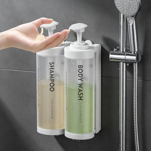Shampoo and Conditioner Dispenser Wall Mounted, No Drill Shower Soap Dispenser with Large Pump & Key Lock, Refillable ABS Plastic Bathroom Organizer for Hotel, Gym, RV (2 Pack, White) - color: White, size: 2