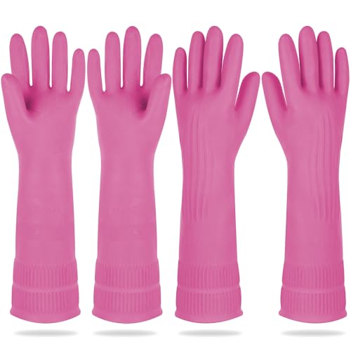 DABOGOSA Mamison 2 Pairs Reusable Waterproof Household Dishwashing Cleaning Rubber Gloves, Non-Slip Kitchen Glove (Pink, Large (Pack of 2)) - color: Pink, size: Large (Pack of 2)