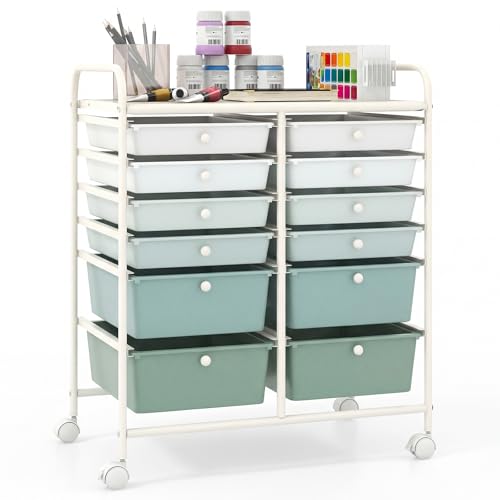 Giantex 12 Drawers Rolling Storage Cart, Classroom Organizers with Wheels for Tools Scrapbook Craft Paper Teacher Office School Supplies, Green Gradient - color: Green Gradient, size: 12 Drawer-25"x15"x29.5"