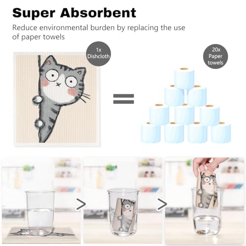 5 Pcs Cartoon Cute Peeking Kitten Swedish Dishcloths, Kitty Swedish Dishcloth, Funny Cat Dish Cloths for Drying Dishes, Reusable Cleaning Cloths, Cat Lover Gifts for Women 7 - color: Lm 03438