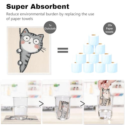 5 Pcs Cartoon Cute Peeking Kitten Swedish Dishcloths, Kitty Swedish Dishcloth, Funny Cat Dish Cloths for Drying Dishes, Reusable Cleaning Cloths, Cat Lover Gifts for Women 7 - color: Lm 03438