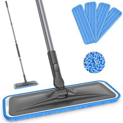 Grey Flat Floor Mop with 4 Reusable Microfiber Pads for Dusting + Purple Flat Floor Mop with 4 Washable Microfiber Pads for Mopping
