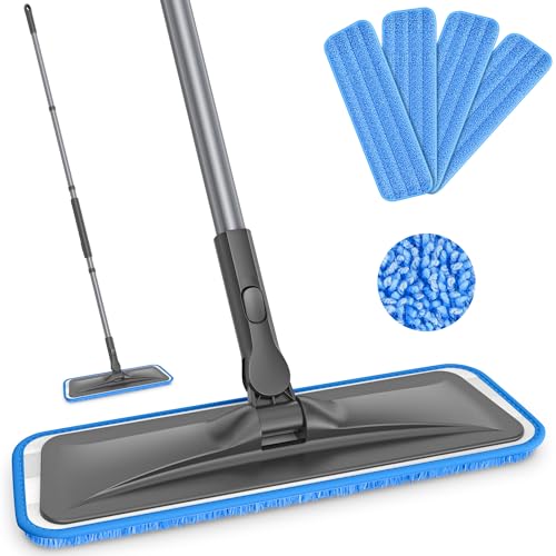 Microfiber Mops for Hardwood Floor Cleaning - BPAWA Flat Floor Mop with 4 Washable Pads for Laminate Wood Tile Vinyl Home Kitchen Bathroom - 59" Adjustable Handle - color: Gray