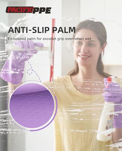 PACIFIC PPE 4 Pairs Reusable Dishwashing Cleaning Gloves with Latex Free, Cotton Lining, Kitchen Gloves, Purple, Large - color: Purple, size: Large (Pack of 4)