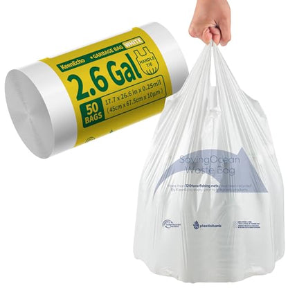 Small Trash Bags with Handles - Ocean Plastic Upcycling - Plastic Garbage Bags, Can Bin & Waste Basket Liner for Kitchen, Bathroom, Office and Pets,2.6 Gallon 50 Count White - color: 2.6Gal White, size: 1 ROLL