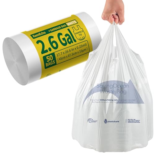 Small Trash Bags with Handles - Ocean Plastic Upcycling - Plastic Garbage Bags, Can Bin & Waste Basket Liner for Kitchen, Bathroom, Office and Pets,2.6 Gallon 50 Count White - color: 2.6Gal White, size: 1 ROLL